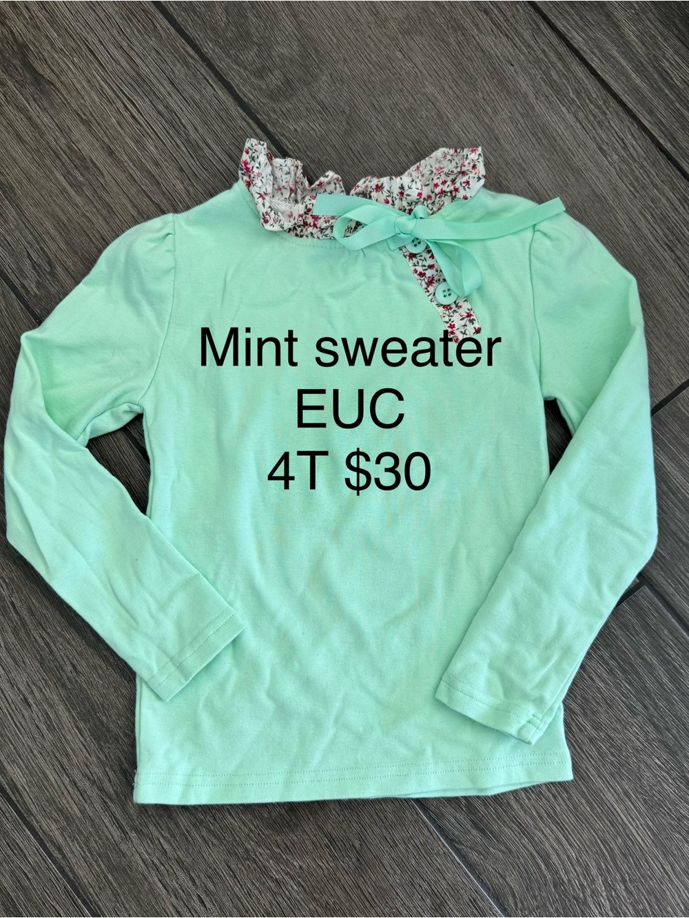Girls' Mint Long-Sleeve Top with Floral Ruffle Collar